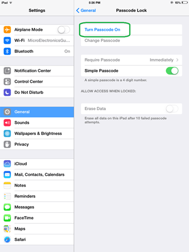 iOS 7 General Settings, Turn Passcode On